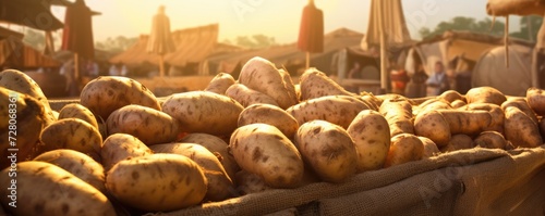Fresh potatoes messy from ground in box for sale to shop and market, panorama. Generative Ai.