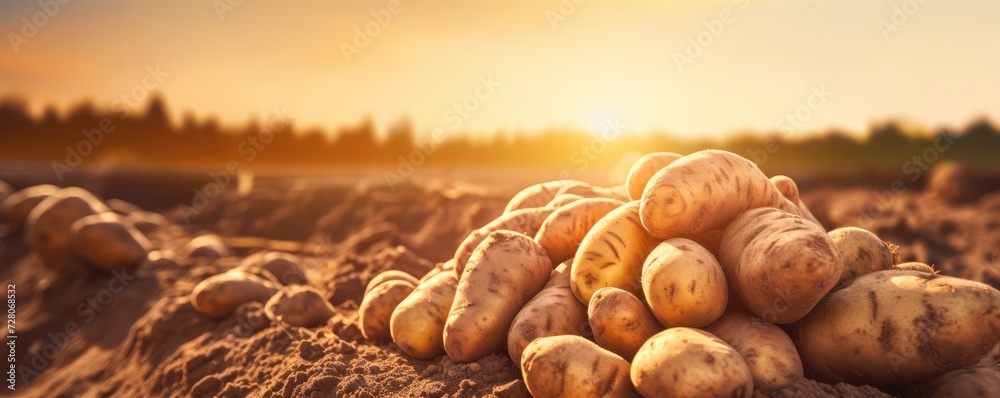 Fresh potatoes messy from ground on farm field with sunset, banner panorama. Generative Ai. Fresh potatoes messy from ground on farm field with sunset, banner panorama. Generative Ai.