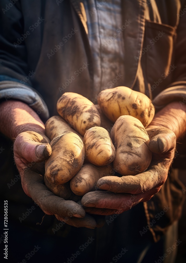 Fresh potatoes messy from ground in farmer hands for sale to shop and market.  Generative Ai.