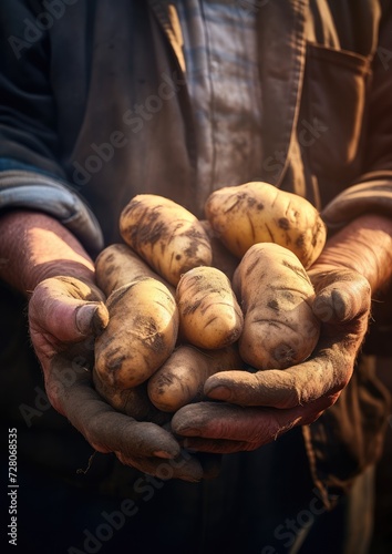 Fresh potatoes messy from ground in farmer hands for sale to shop and market. Generative Ai.