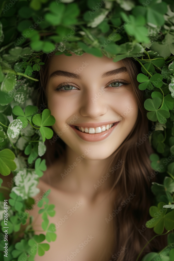 Beautiful woman in clover wreath happy and smiling Beautiful woman in clover wreath happy and smiling
