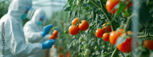 biologists in protective suits grow tomatoes photo