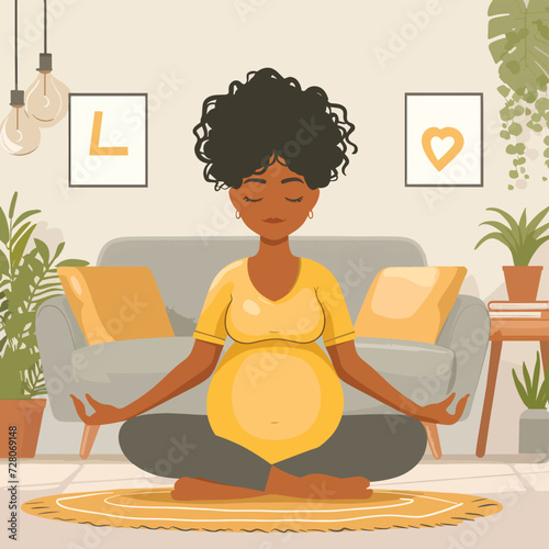 vector flat illustration of a young pregnant  black skin woman with black hair meditating in lotus position in a cozy living room, front view, cozy ambient, cartoon flat style