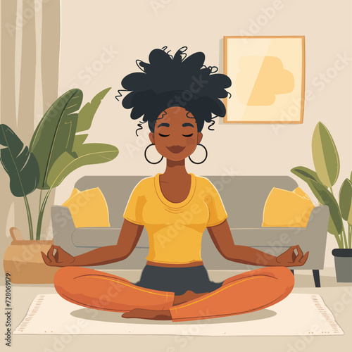 vector flat illustration of a young black skin woman meditating in lotus position in a cozy living room, front view, cozy ambient, cartoon flat style