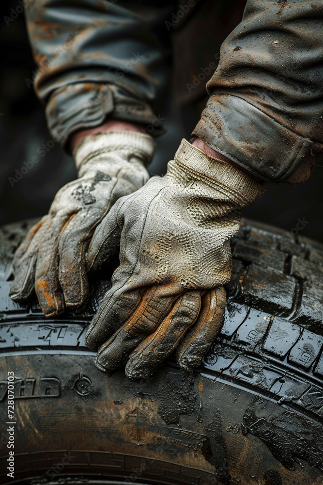 Car tire fitter and hands on tire Car tire fitter and hands on tire