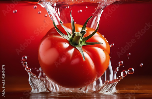 Red ripe tomato with drops of water, the tomato drops water splashes in different directions. © Yury Fedyaev