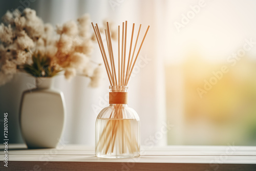 A glass bottle on a table with a reed diffuser inserted, emitting fragrance into the air. Beige color scheme. Modern interior on blurred background