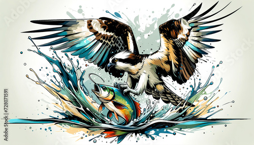 Dynamic artwork depicting an osprey catching a fish mid-flight,with water splashing dramatically around them,illustrated in a colorful,energetic,and graphic style.Birds behavior concept.AI generated. photo