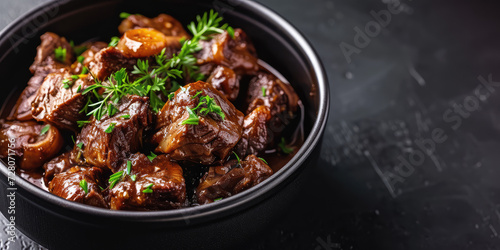 Beef Bourguignon in Cast Iron Pot. Rich beef bourguignon with carrots and rosemary in a cast iron pot, accompanied by crusty bread, ideal for cozy dinners, copy space.