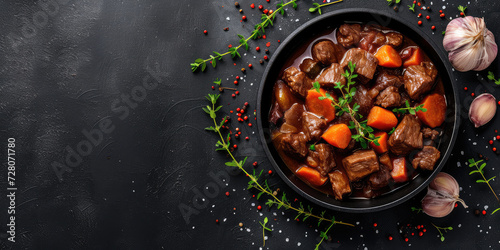 Beef Bourguignon in Cast Iron Pot. Rich beef bourguignon with carrots and rosemary in a cast iron pot, accompanied by crusty bread, ideal for cozy dinners, copy space, top view.