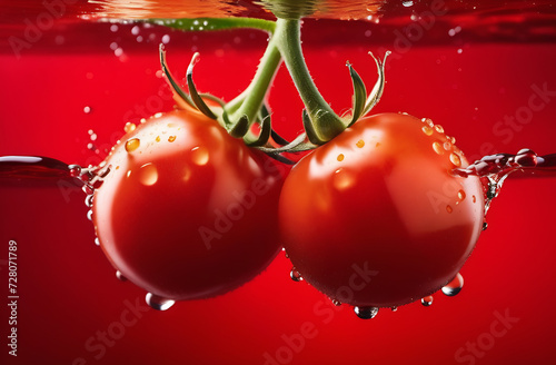 Red ripe tomato with drops of water, the tomato drops water splashes in different directions. © Yury Fedyaev
