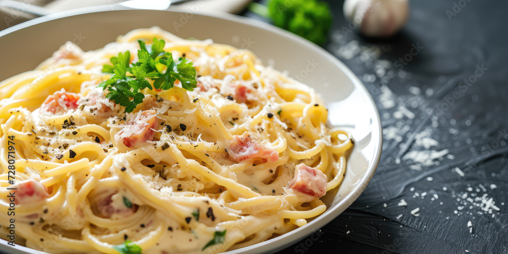 Classic Spaghetti Carbonara in Natural Light. Savory Spaghetti Carbonara garnished with fresh basil, grated cheese, and black pepper, served on a plate, copy space.