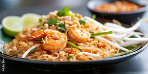 Classic Pad Thai with Succulent Shrimp. Traditional Pad Thai noodles with shrimps, garnished with fresh herbs and spices, served in a bowl.