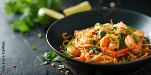 Classic Pad Thai with Succulent Shrimp. Traditional Pad Thai noodles with shrimps, garnished with fresh herbs and spices, served in a bowl, copy space.