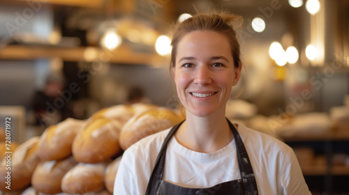 Portrait d'une jeune boulangère dans une boulangerie photo