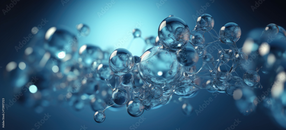 Many transparent molecules on blue background. Abstract structure for science or medical background. banner