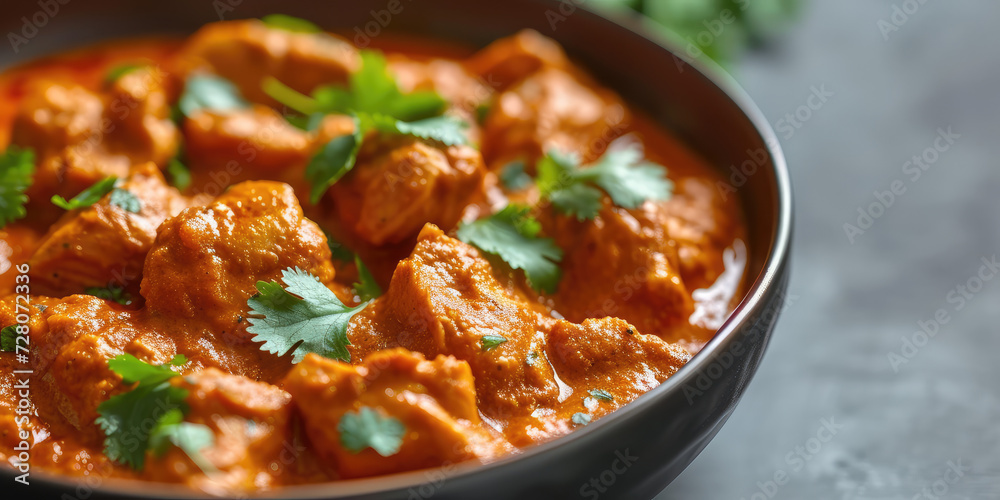 Succulent Chicken Tikka Masala with Basmati Rice. Authentic Chicken Tikka Masala served alongside fluffy basmati rice garnished with fresh parsley, traditional Indian cuisine, copy space.