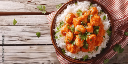 Succulent Chicken Tikka Masala with Basmati Rice. Authentic Chicken Tikka Masala served alongside fluffy basmati rice garnished with fresh parsley, traditional Indian cuisine, copy space, top view.