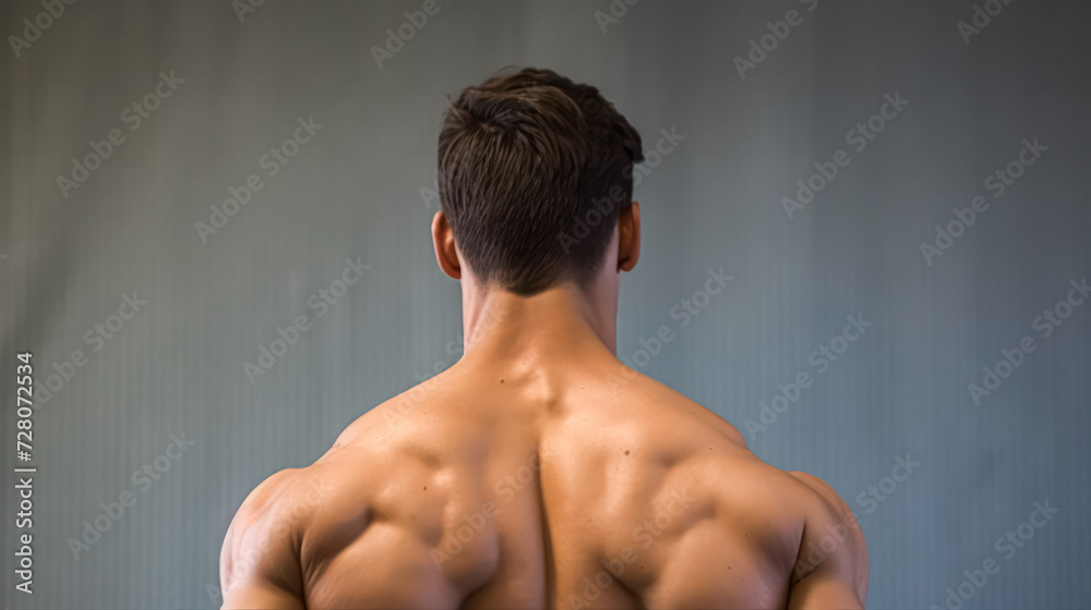 Witness raw strength as a bodybuilder, a handsome and athletic man, pumps up his back muscles in a fitness workout. A powerful image embodying the dedication and intensity of bodybuilding.