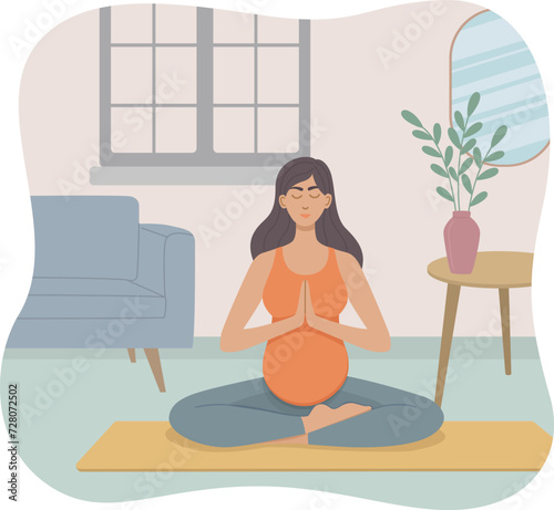 Vector illustration of a pregnant woman doing yoga at home. Сoncept of physical practice in flat style 