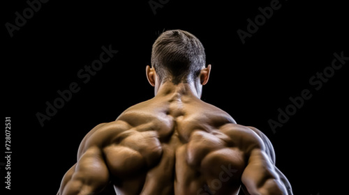 Witness raw strength as a bodybuilder, a handsome and athletic man, pumps up his back muscles in a fitness workout. A powerful image embodying the dedication and intensity of bodybuilding.