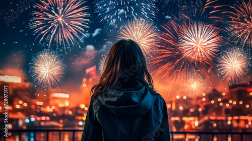 Capture the awe of Asian female tourists as they gaze at fireworks, offering a captivating rear view. A visual celebration of joy and travel experiences.