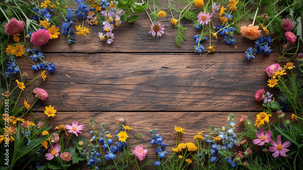 Obraz premium Wildflower Elegance: Vintage Wooden Table Flat Lay