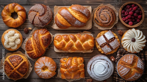 Vintage Bakery Delights: Breads and Cakes on Wooden Table