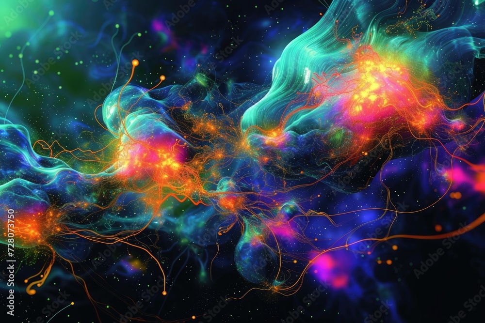 A vibrant and colorful illustration of neurotransmitters firing in the brain, representing chemical processes A vibrant and colorful illustration of neurotransmitters firing in the brain, representing chemical processes