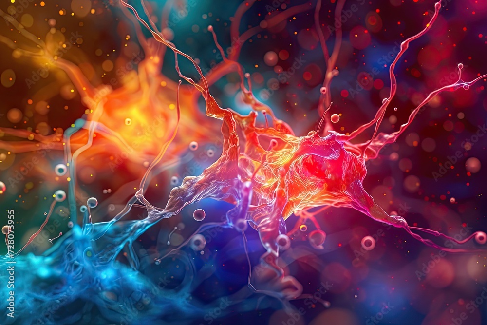 A vibrant and colorful illustration of neurotransmitters firing in the brain, representing chemical processes A vibrant and colorful illustration of neurotransmitters firing in the brain, representing chemical processes