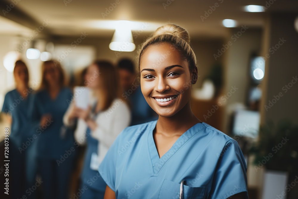 Fototapeta premium Smiling Nurse in Hospital Hallway with Colleagues for Medical Concepts