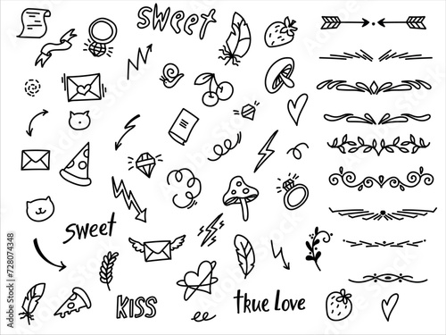 Hand drawn doodle design elements  black on white background. Doodle heart  arrow  star  sparkle decoration symbol set icon. symbols  cute decorative brush stroke lines sketch pen design elements