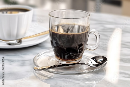 Clear glass cup of espresso on a saucer with teaspoon, near coffee saucer.