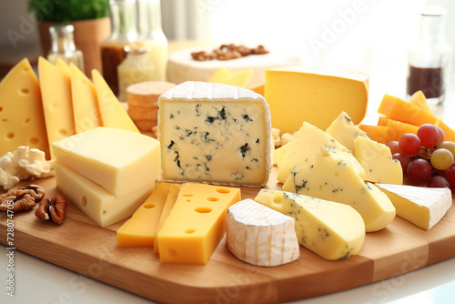 Various types of cheese on a wooden plate