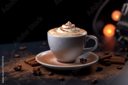 Cream-topped coffee in a white cup with scattered spices on a dark background.