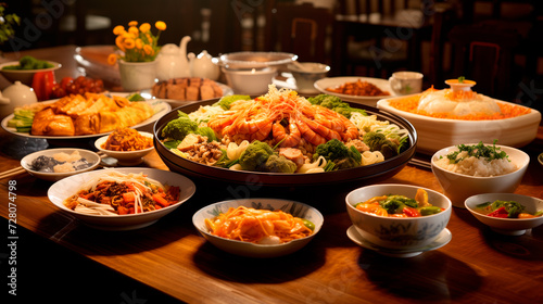 Set of Chinese food on wooden dining table in a restaurant, various snacks, pastries © boule1301