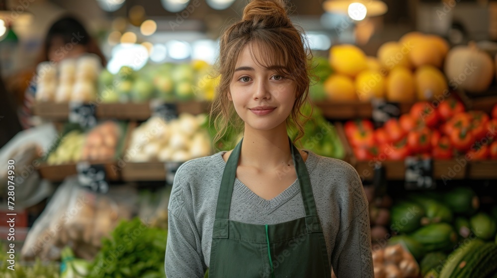 Smiling Young Woman at a Fresh Produce Stand