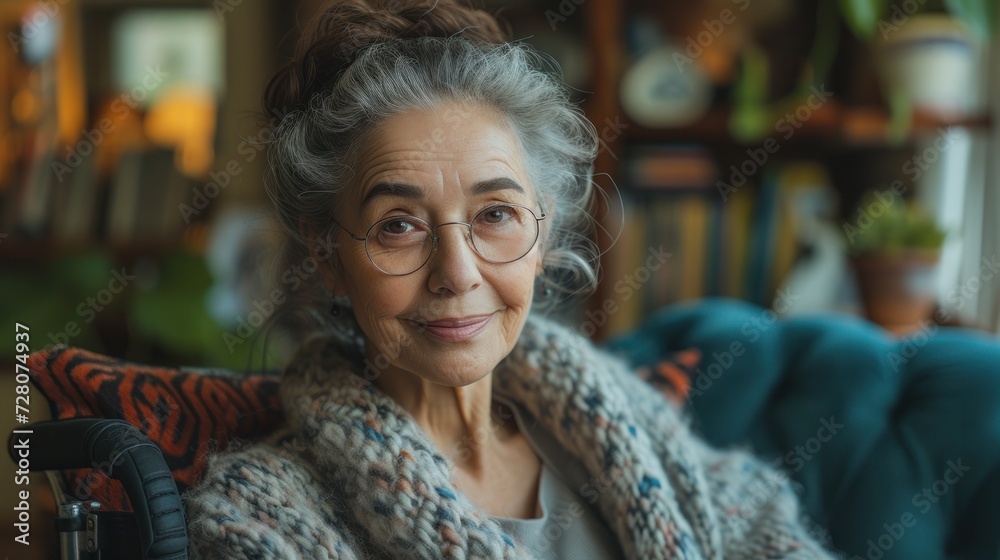 Elderly Woman with Glasses in a Cozy Home Setting Elderly Woman with Glasses in a Cozy Home Setting
