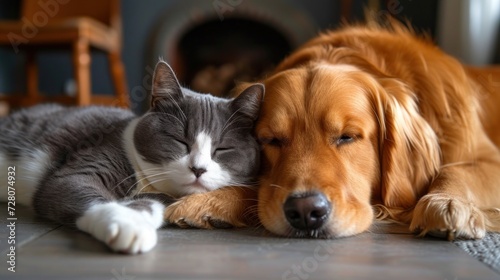 Cat and Dog Cuddling Together