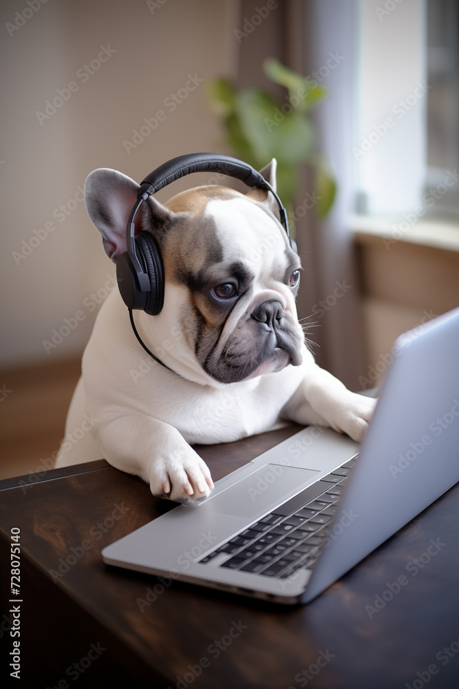 Focused Bulldog Wearing Headphones Works on Laptop