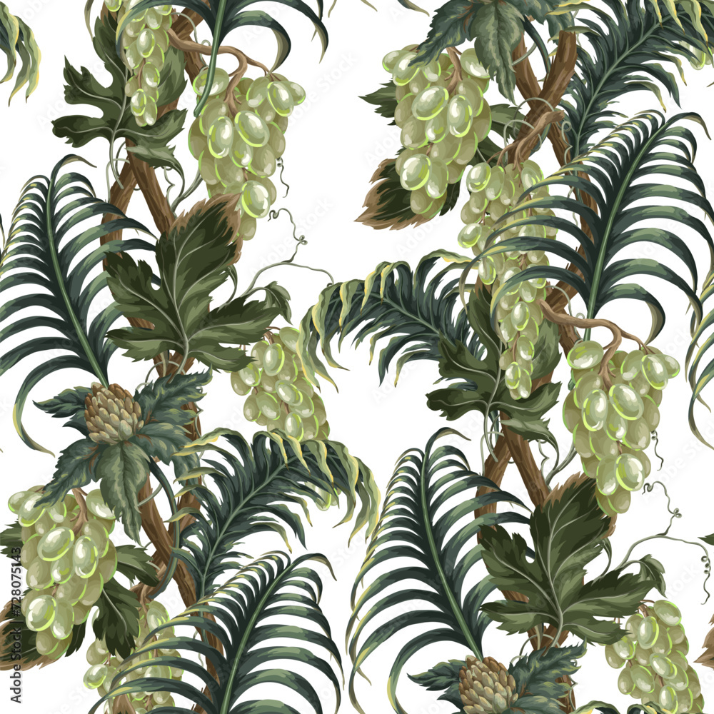 Seamless pattern with green grapes branches. Vector