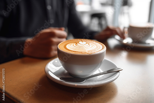 Person enjoying a latte with artful foam design at a cafe. photo