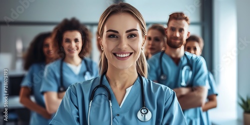 Confident Female Doctor or Nurse with Colleagues in Modern Hospital Setting
