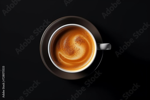 upper view of a full cup of coffee or espresso for breakfast on a dark background.