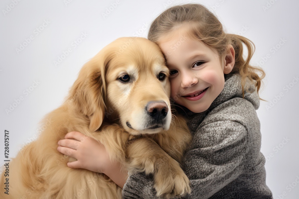 cute girl with adorable golden retriever dog smiling on minimal beige white background. Heartwarming portrait of child and puppy.