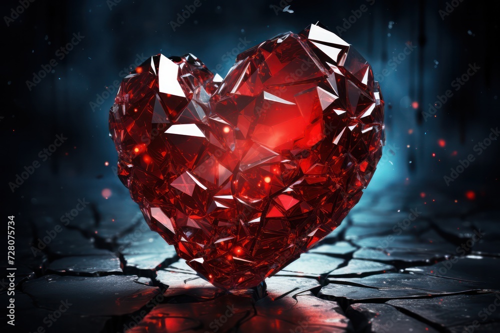 Broken glass heart. Living through breakup. Suffering. Termination of relationship. Stages of grief, denial, anger, bargaining, depression, acceptance. Broke to pieces, love ended. Separation, divorce - obrazy, fototapety, plakaty 