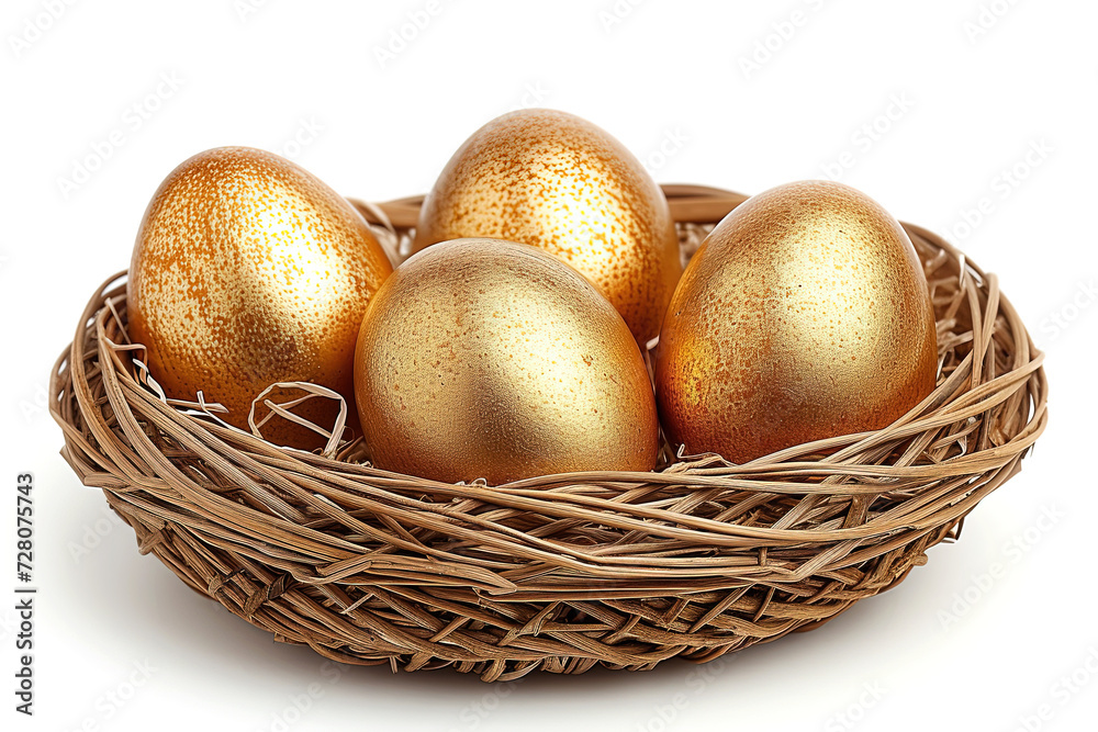 golden eggs in a basket isolated on white background