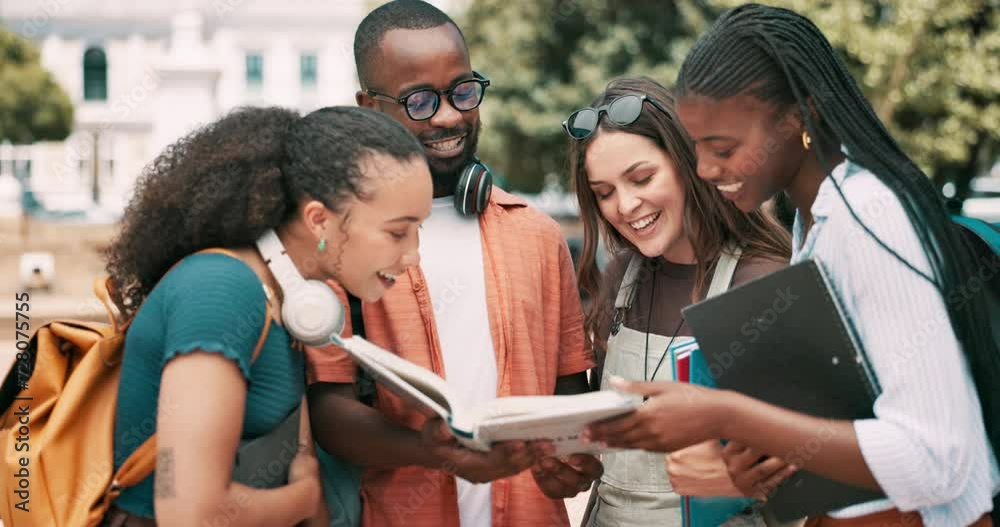 Textbook, conversation and friends studying in outdoor park for university test, project or exam. Discussion, education and young students reading information in research manual together at college.