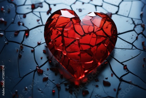Broken glass heart. Living through breakup. Suffering. Termination of relationship. Stages of grief, denial, anger, bargaining, depression, acceptance. Broke to pieces, love ended. Separation, divorce