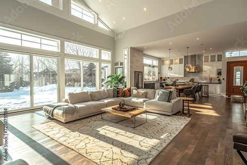 Clean, bright great room with couch, dining room and large windows.